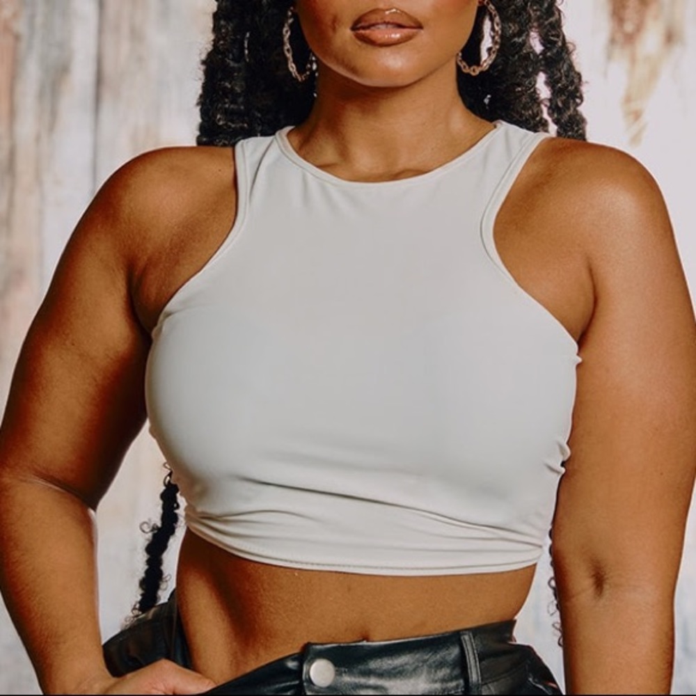 PLT Plus Size White Slinky Racer Neck Crop Top